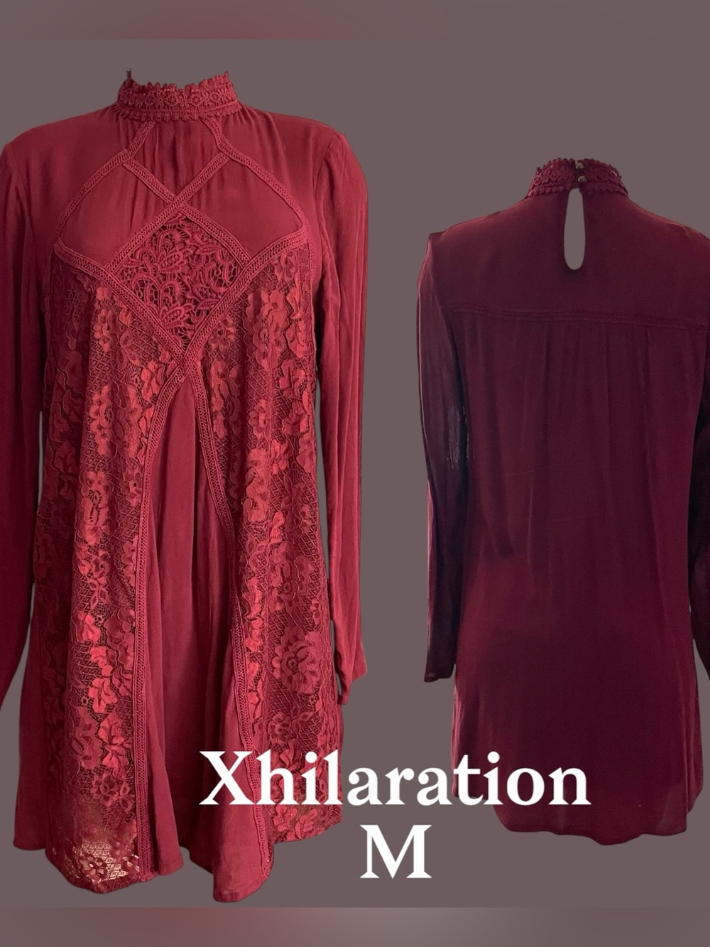 Xhilaration Burgundy Lace & Mesh High Neck Long Sleeve Dress Size M